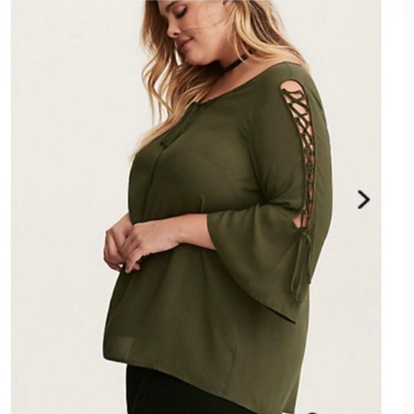 TORRID Lace-Up Sleeve Challis Blouse in Dark Olive Green Top - Picture 5 of 10